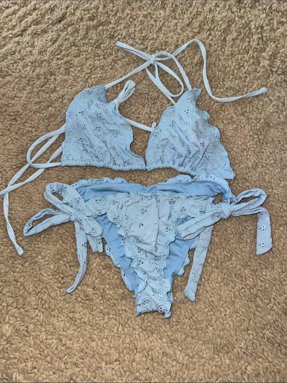 Frankie's Bikinis Light Blue Eyelet Ruffle Triangle Bikini